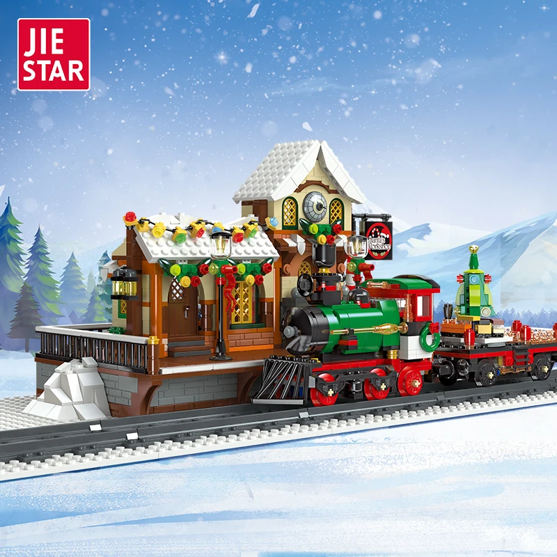 

Набор строительных блоков «Рождественская железнодорожная станция» из 1362 деталей, игрушка-конструктор, локомотив и праздничная уличная сцена, праздничный подарок для взрослых и детей