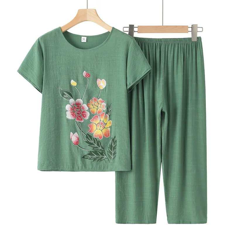 

Summer New Short Sleeve Sleepwear Cotton Linen Pajama Sets Loose Home Wear Two-piece Lotus Printing Conjuntos De Pijama Mujer