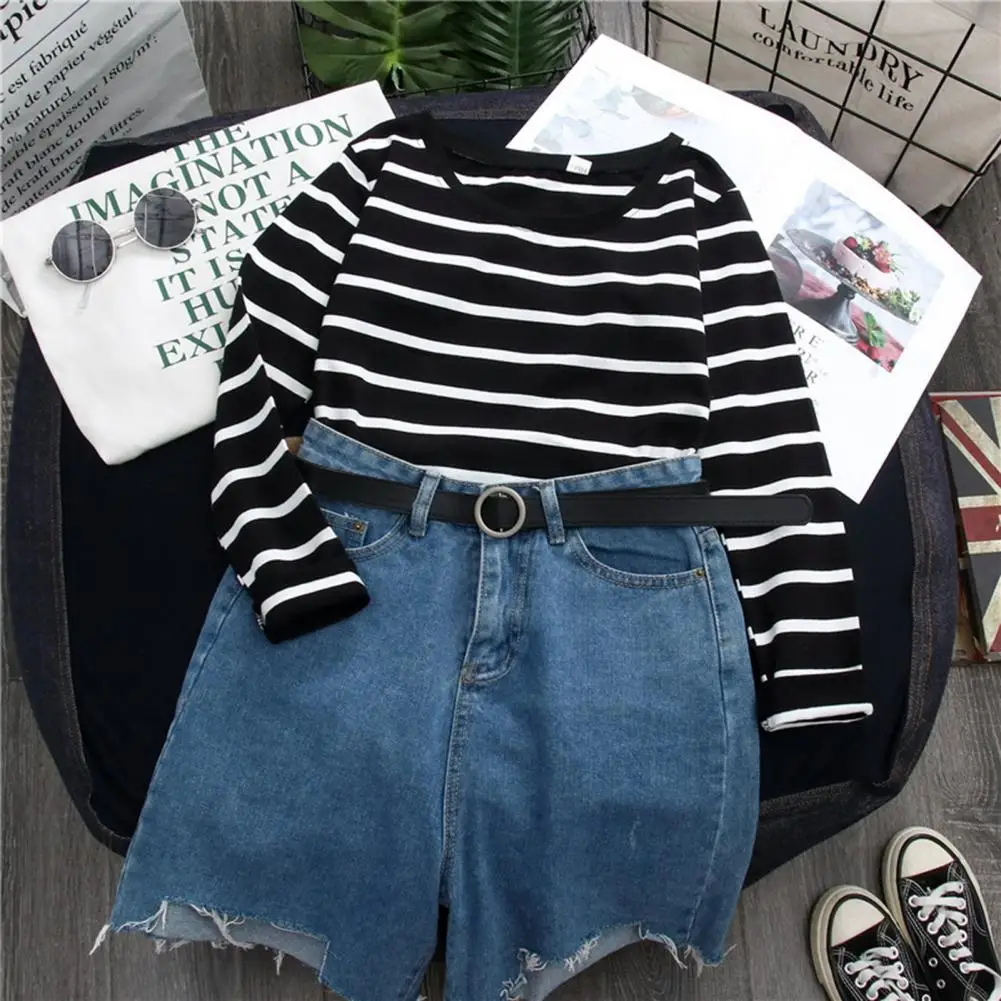 Bottoming Shirt Sweat Absorbing O-Neck Anti Pilling Classic Striped Print Korean Style Pullover Blouse Tee Shirt Stretchy