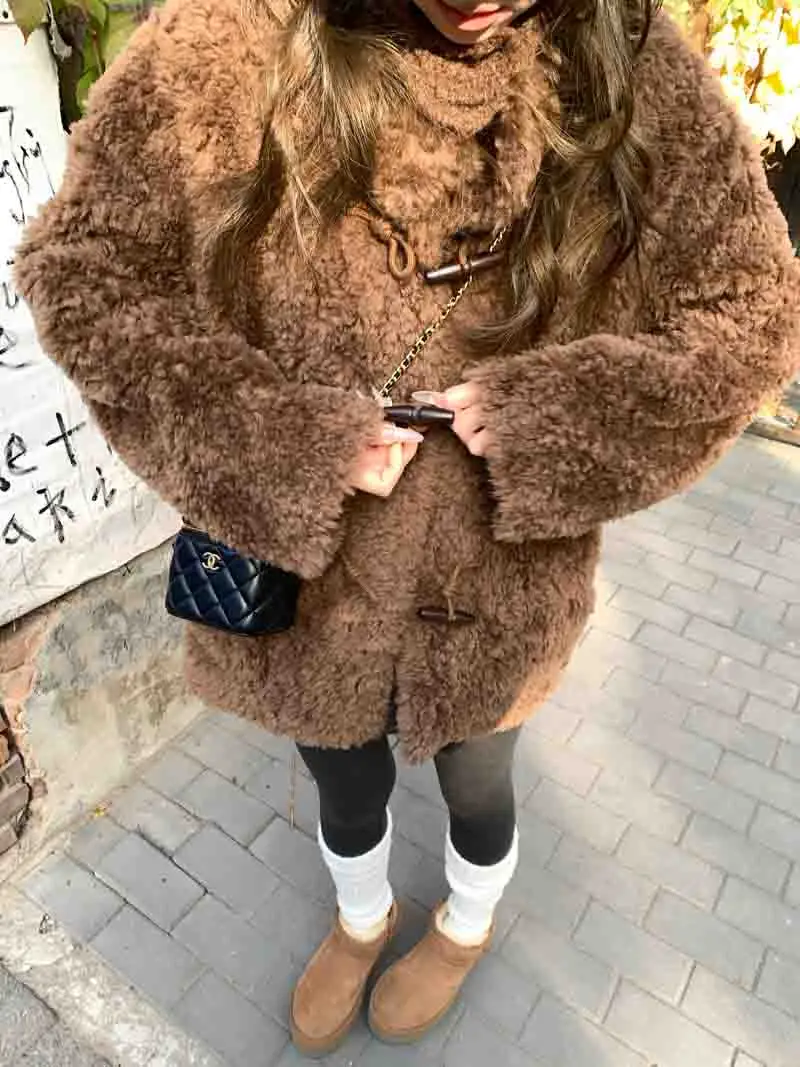 

Lamb Wool Jacket Women Korean Popular Clothes Outerwear Tear Resistant Vintage Striped Classic Modern Grid Cargo Fancy Workwear