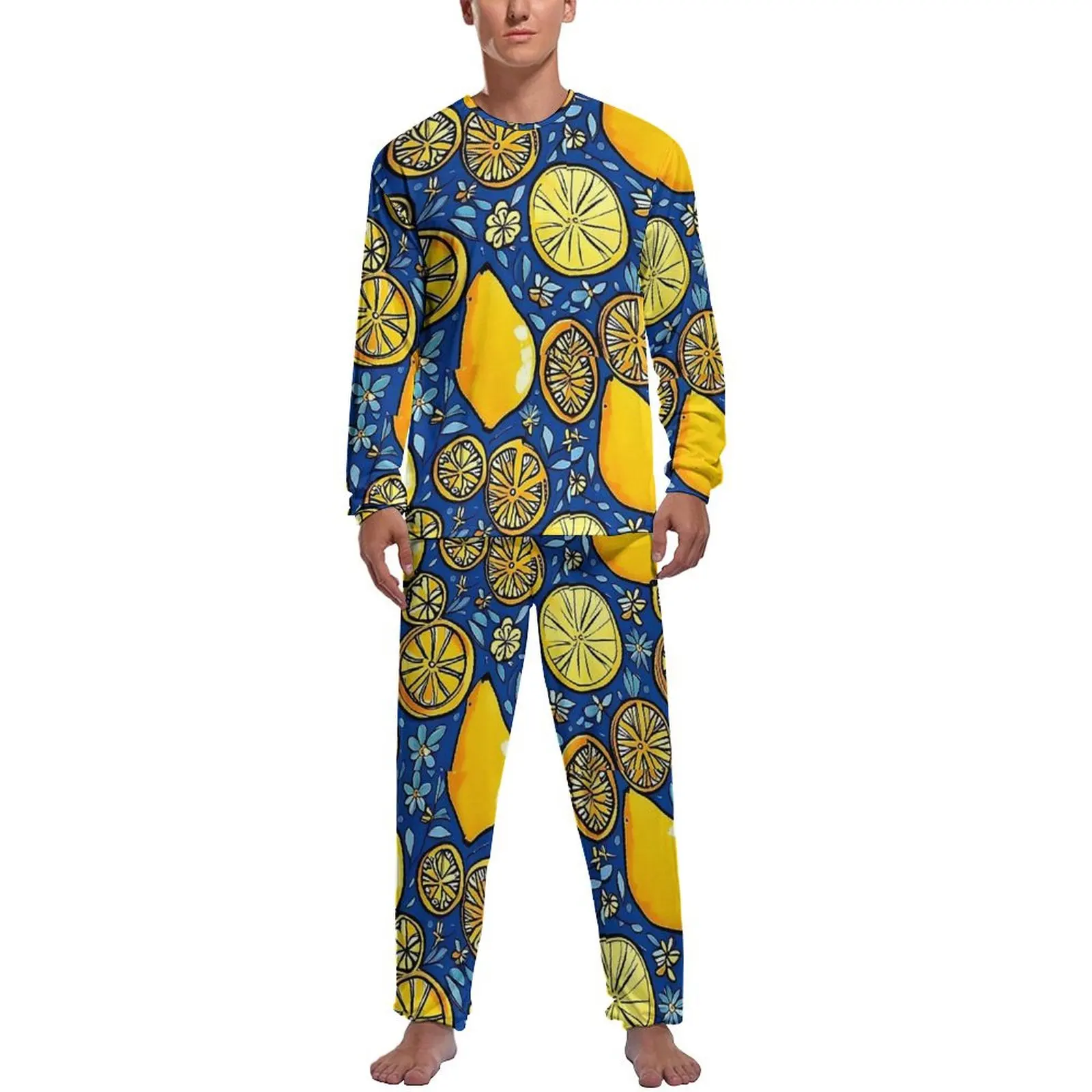 Lemon And Floral Pajamas Long Sleeve Fruit Print 2 Pieces Bedroom Pajama Sets Daily Man Custom Trendy Nightwear