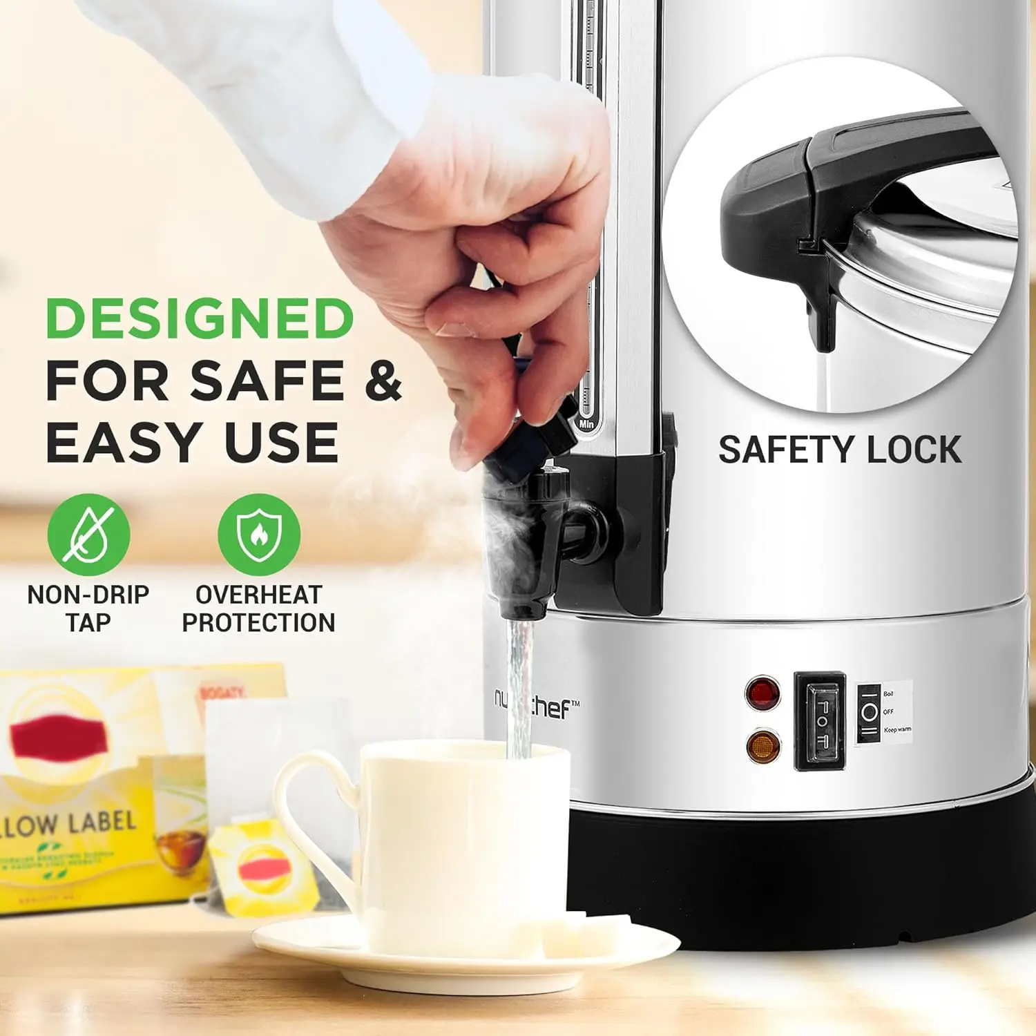 Caldaia ad acqua e distributore di acqua calda, distributore di bevande elettrico da 8 litri con coperchio di sicurezza, rubinetto antigoccia, funzione calda
