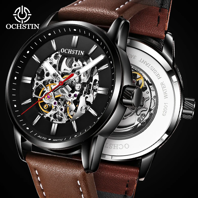 OCHSTIN Men's Watch Clock Skeleton Dial Design Waterproof Luminous Leather Band Wristwatch Men's Luxury Watches Gifts For Men