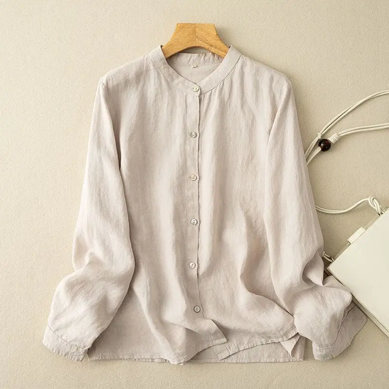 Artistic Retro Loose Cotton Linen Long Sleeved Shirt for Women Spring and Summer New Item Round Neck Mid Length Shirt Jacket