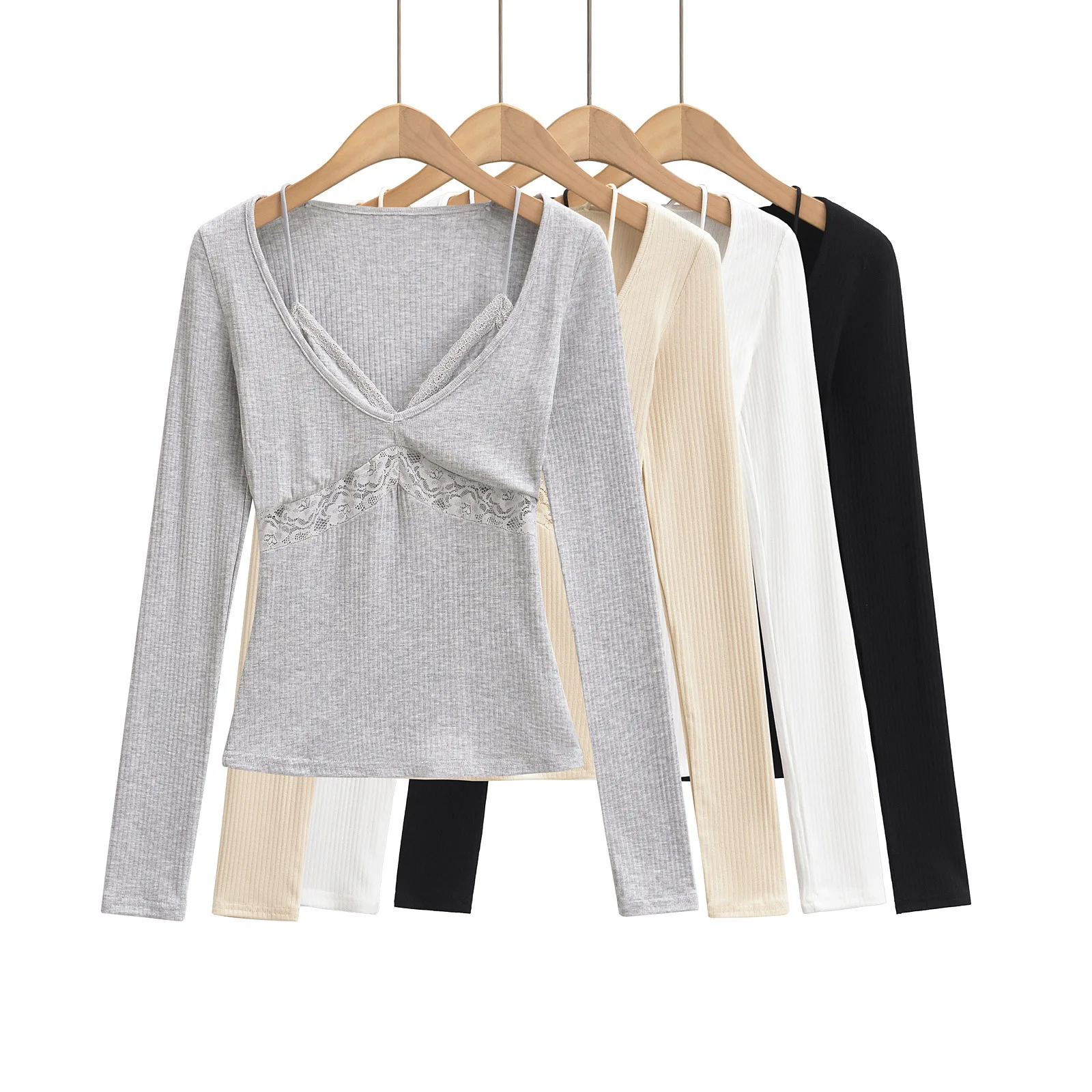 2025 Spring New Pure Desire Style Hot Girl Lace Patchwork Fake Two-Piece Hollow Out Sexy Long Sleeve T-Shirt for Women   KSRJ
