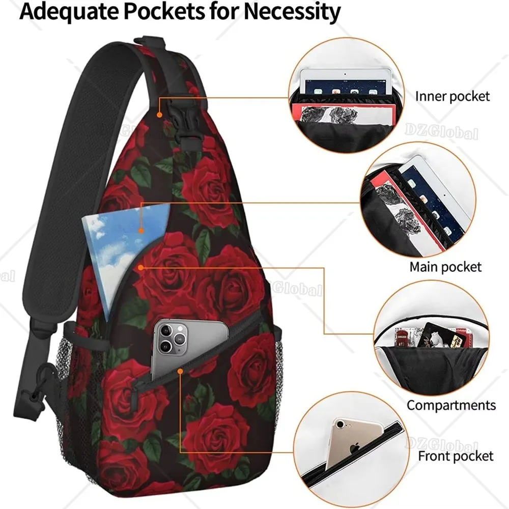 Red Rose Sling Bag for Women Men Crossbody Shoulder Backpack Unisex Chest Bags Water Resistant Travel Hiking Casual Daypack