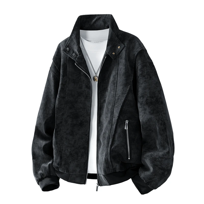 

Men's Faux Suede Stand-Collar Jacket - Oversized Fit with Dual Zip Pockets, Breathable Fabric for Trendy Casual & Streetwear
