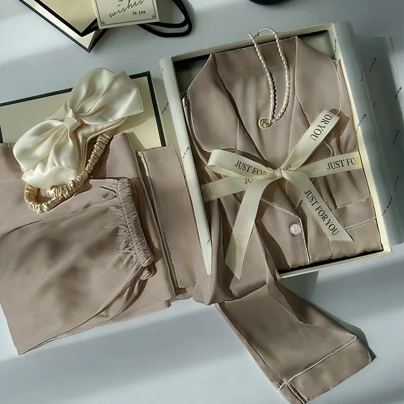 French-Style Luxury Feel Ice Silk Pajamas for Women, New Spring and Autumn Edition, Light Luxury Long-Sleeve Homewear Loose Set