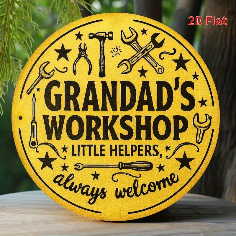 Opa's Workshop Metallschild – 2D-Flachdruck-Vintage-Werkzeugdesign mit „Opa's Little Helpers“-Satz, 20 x 20 cm/7,8 x 7,8 Zoll Y