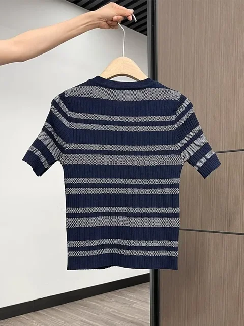 2025Ropa Mujer Gestreiften Frauen T Shirt Gestrickte Tops Kurzarm Oansatz Tunika Camisetas Koreanische Tees Casual Chic Sommer T-shirts