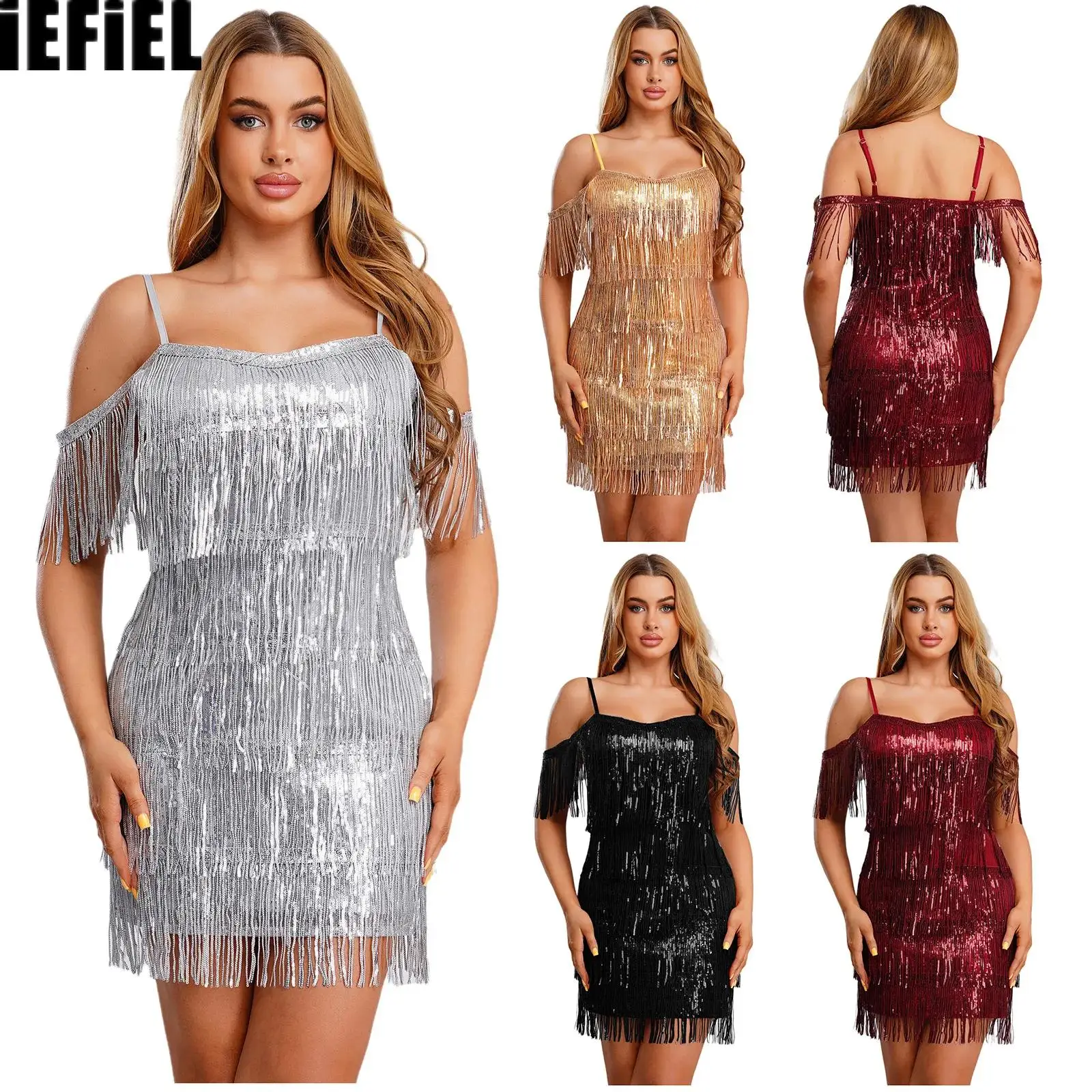 

Женское платье для латиноамериканских танцев танго с бахромой, блестящими пайетками, многоярусное, на тонких бретельках, мини-платье для ча-ча, выпускных, дискотек, клубов