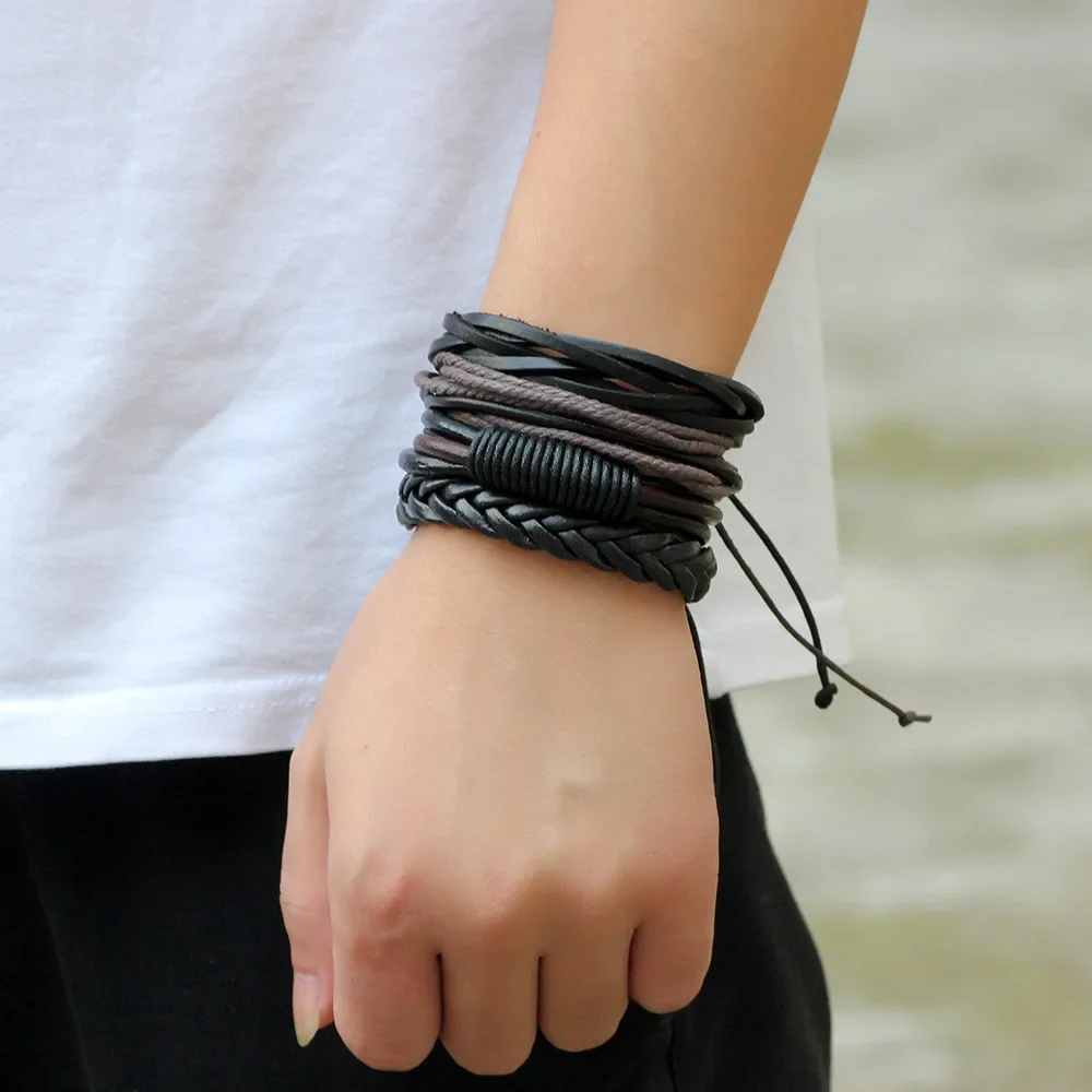 Bracelets en cuir tissés ronds noirs pour hommes et femmes, mode vintage, breloques faites à la main, accessoires de bracelet Hip Hop, cadeau de bijoux, ensemble de 4 pièces