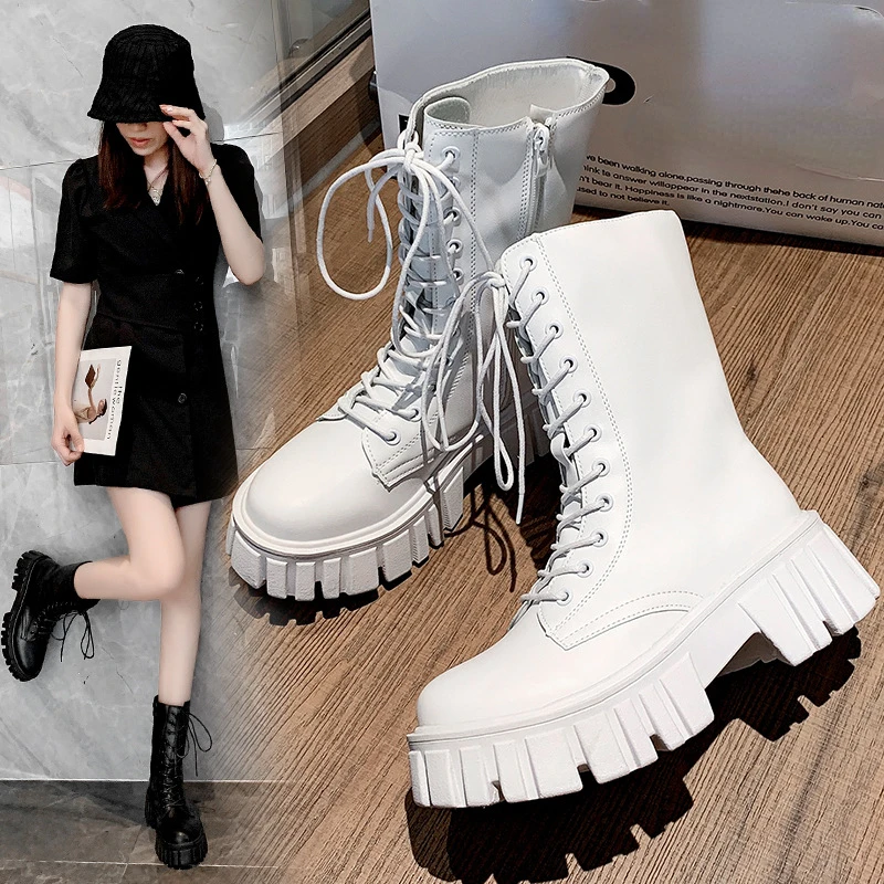 

White PU Leather Ankle Boots for Women 2023 Fashion Lace Up Chunky Shoes Woman Autumn Winter Platform Motorcycle Boots