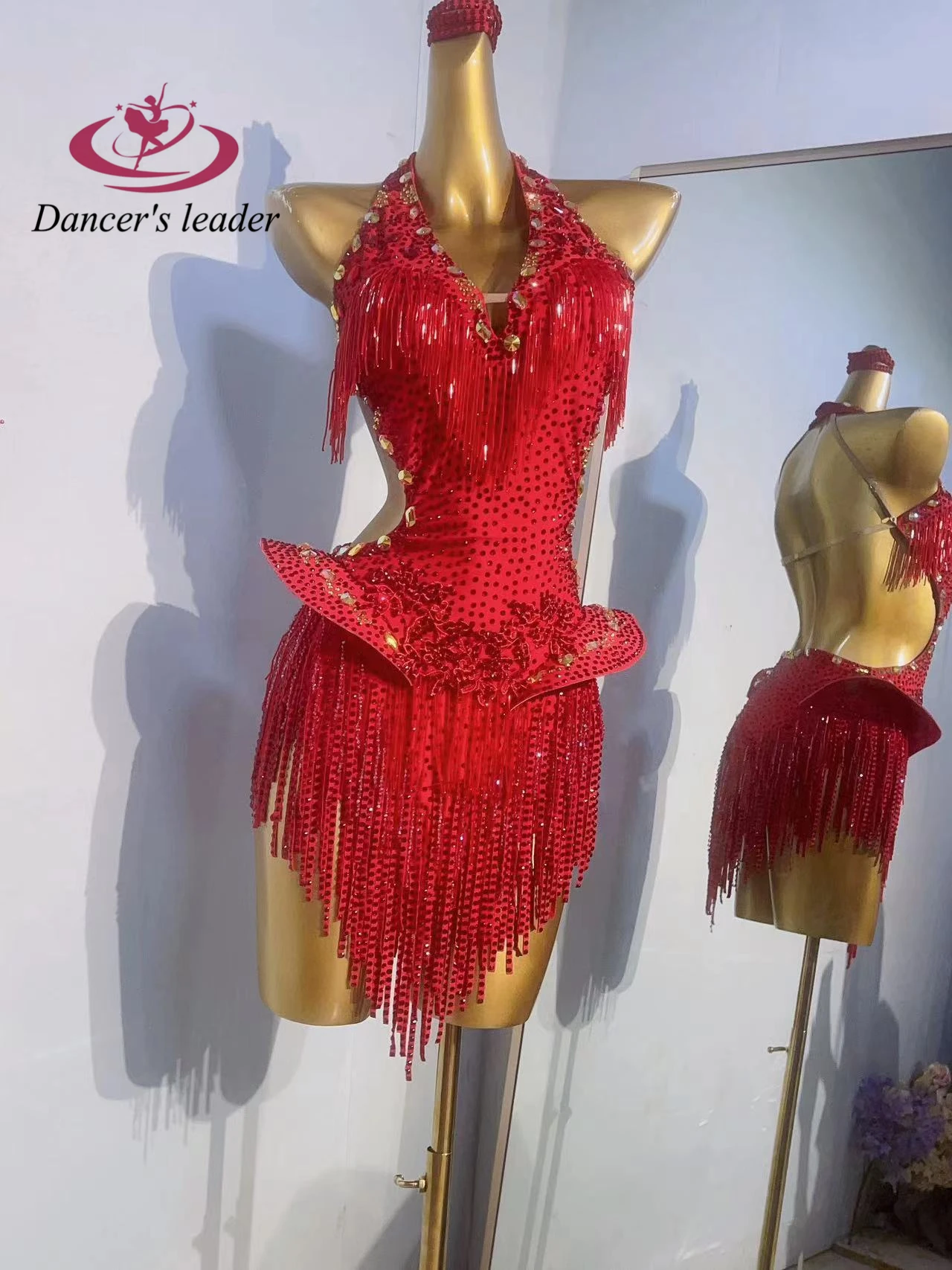 Latin Dance Art Performance High-end Customized Red Bead Tube Big Backless Samba Dance High Sparkling Rhinestone Costume