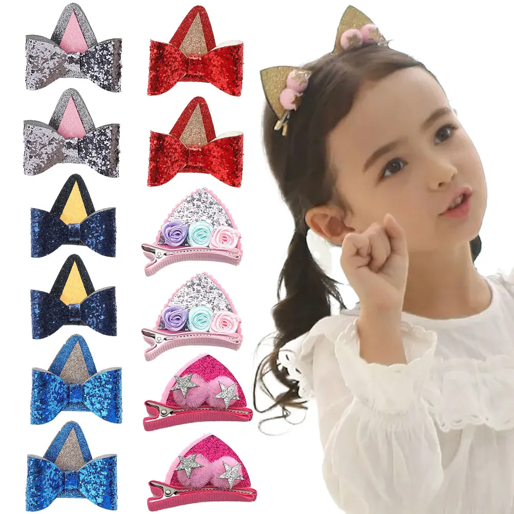 ncmama 2Pcs/set Kawaii Cat Ear Hair Clips For Baby Girl Glitter Rainbow Flower Hairpins Barrettes Kids Headwear Hair Accessories