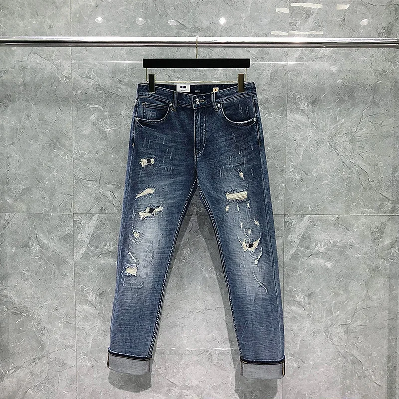 

Frayed Hole Jeans Men Luxury Top Quality Washed Blue Retro Denims Trousers Fashion Casual Straight Pure Cotton Male Denims Pants