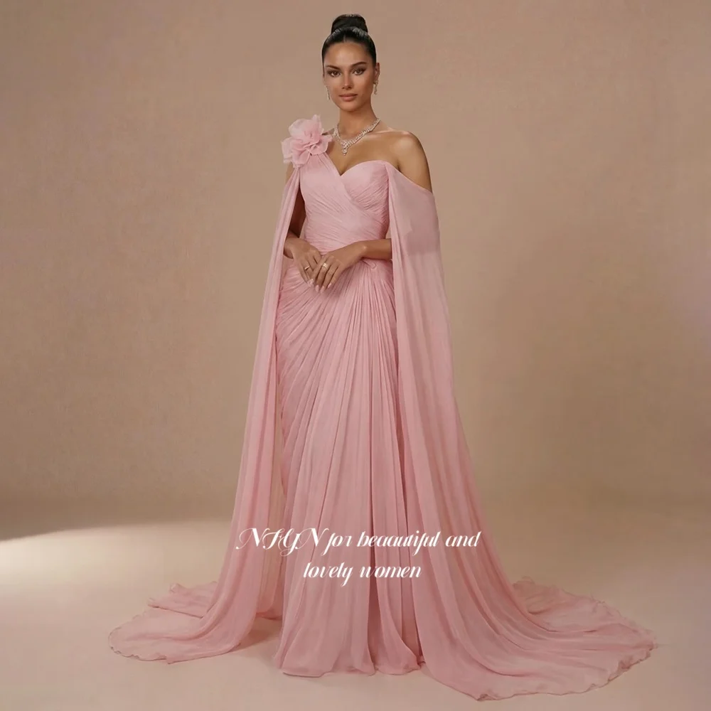 

NFYN Off Shoulder Evening Dress 3D Flowers Party Dress with Pleat Long Sleeves Special Dress for Arabic Women Customized
