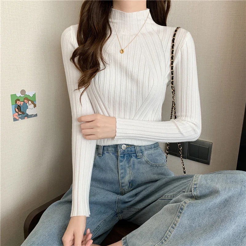 Knitted Sweaters Women Ribbed Pullover Half Turtleneck Jumper Sweater Autumn Winter Slim Chic Streetwear Long Sleeve Y2K Top