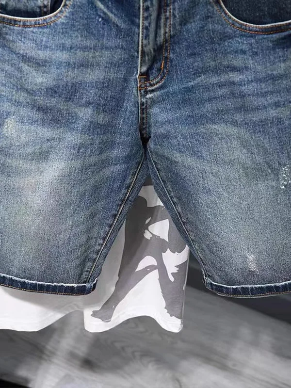 

Мужские джинсовые брюки в Корейском стиле с завышенной талией в стиле ретро, повседневные брюки длиной пять четвертей, прямые брюки со средней талией, летняя модная марка