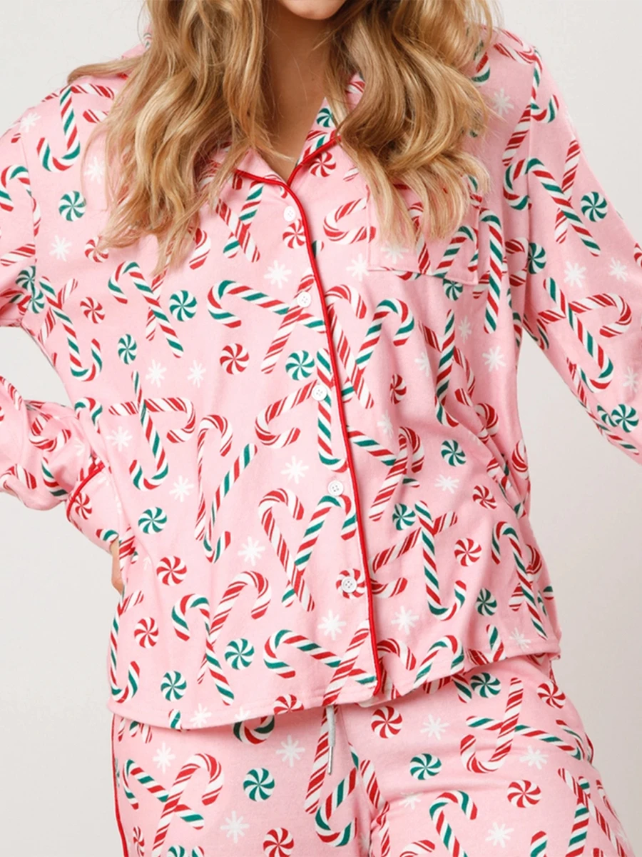 Women s 2 Piece Lounge Set Long Sleeve Candy Cane Santa Claus Print Shirt Wide Leg Pants Sleepwear Sets