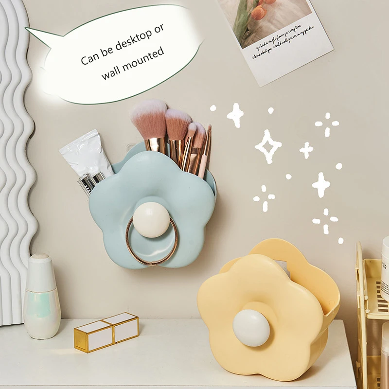 Flower Makeup Brush Storage Box Wall Mounted Household Vanity Table Desktop Comb Toothbrush Cute Cartoon Storage Box