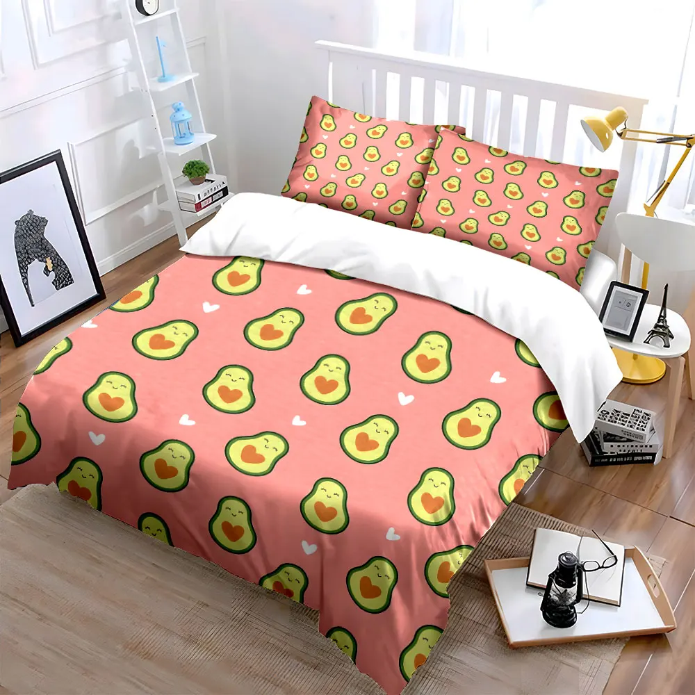 Cute Avocado Heart Pattern Bedding Set for Kids Luxury Gift 3pcs Digital Print Comforter Set Soft Comfortable Breathable
