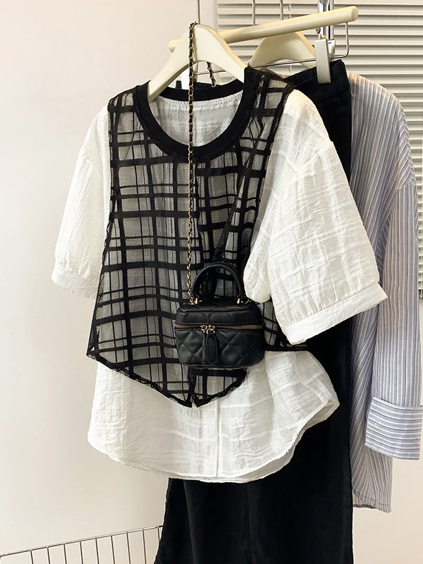 

Summer 2025 Plaid Me Paneling Fake Two-Piece Loose ort Sve Women's Top Ele Casual Regular Fit irt by Meimei Da
