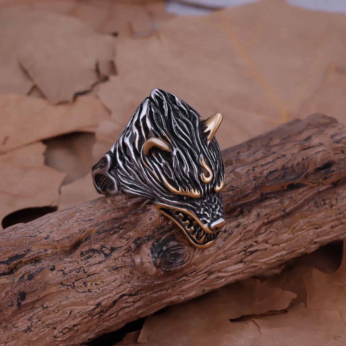 Anel de lobo de gelo nórdico de aço inoxidável, personalidade masculina, lendas míticas, vikings, guerreiro, runa, animal, joia de dedo, presente