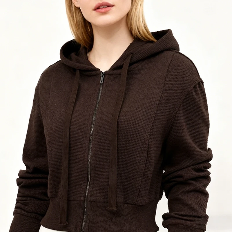 

Long Sleeved Knitted Zipper Hooded Jacket Women's New Autumn Brown Casual Cardigan Sweatshirt Sporty Fashionable Slimming Coats