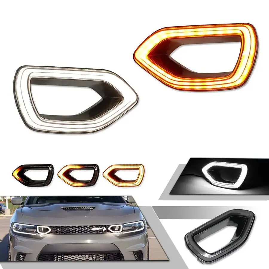 

for 2015 2016 2017 2018 2019 2020 2021 Dodge Charger SRT Scat Pack Pig Nose Grille Lights Smoked Switchback LED White DRL Amber