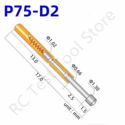 100 SZTUK Sprężynowa sonda testowa P75-D2 Pin testowy P75-D Niklowana okrągła główka Dia 1.30mm Pogo Pin PCB Narzędzie testowe 1.02mm 17mm