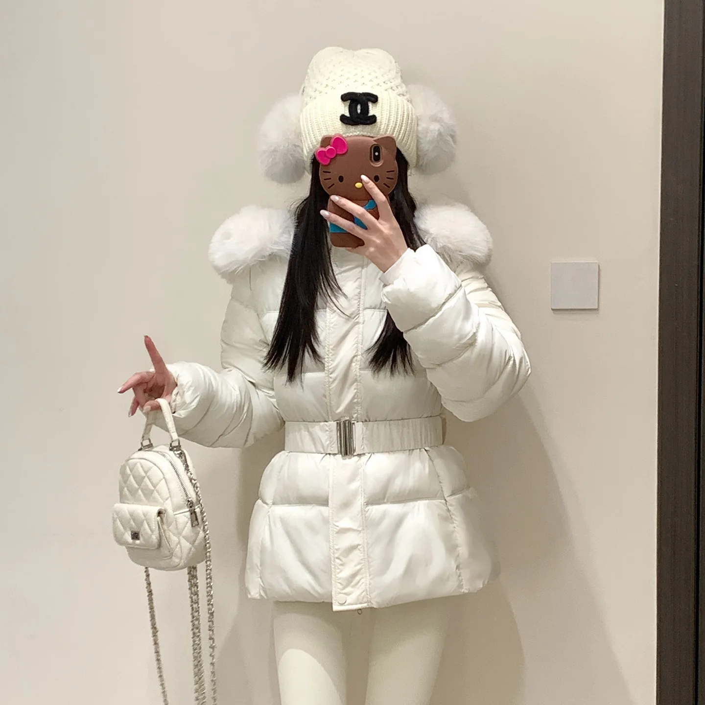 Winter Women Parka Thickened Insulated Windproof Padded Jacket Solid Hooded Fur Collar Elastic Belt Waist Quilted Warm Outerwear
