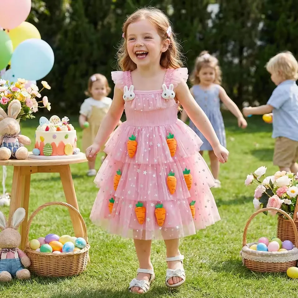 0-6Y Summer Lovely Toddler Baby Girls Easter Tutu Dress Flying Sleeve Square Neck 3D Carrot Bunny Decorated Tulle Princess Dress