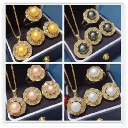 Freshwater Pearl Beads 18K GP Inlay Zircon Earrings +Ring + Pendant Necklace AAA