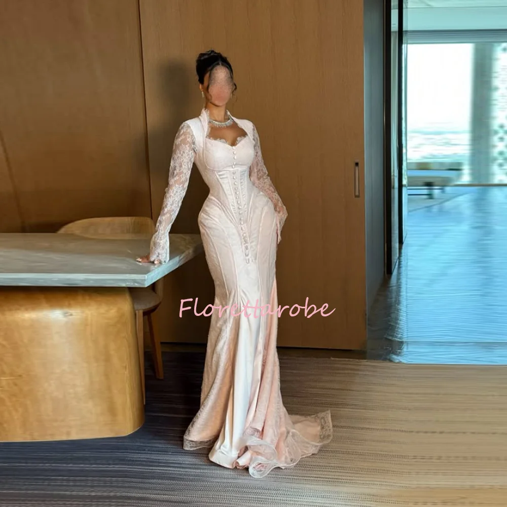 Simple Evening Dresses Buttons Fashion Mermaid Women's Prom Dress Party Gowns Lace Long Sleeve Satin Vestidos De Novia Customize