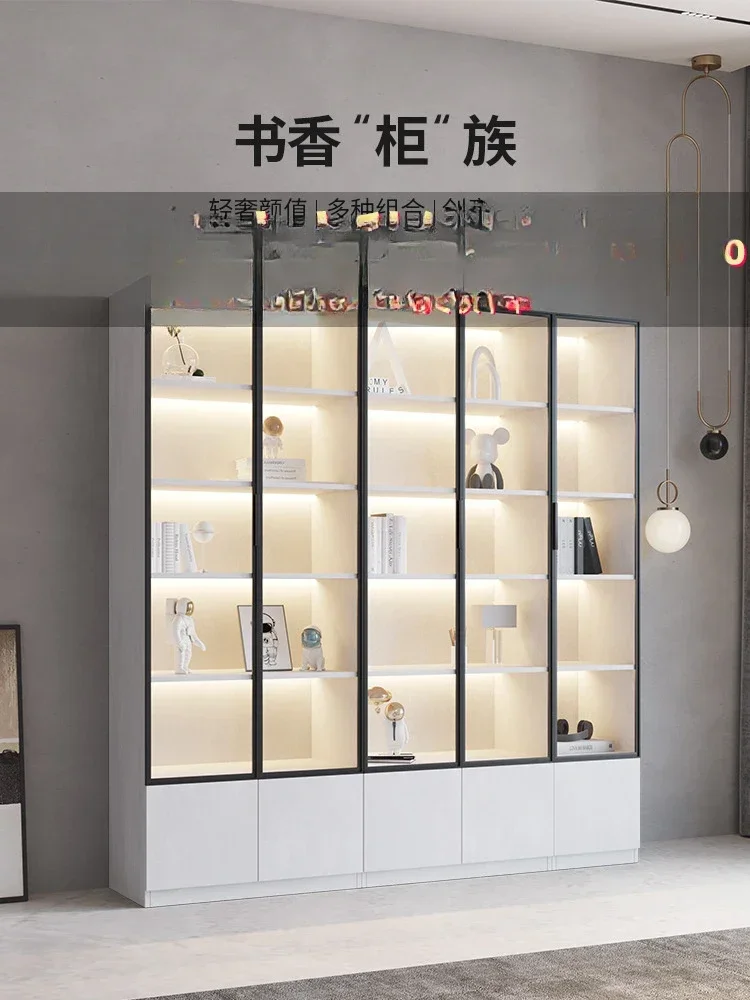 Light Luxury Floor Glass Door Bookcase Display Cabinet High-End Locker Entire Wall Bookcase
