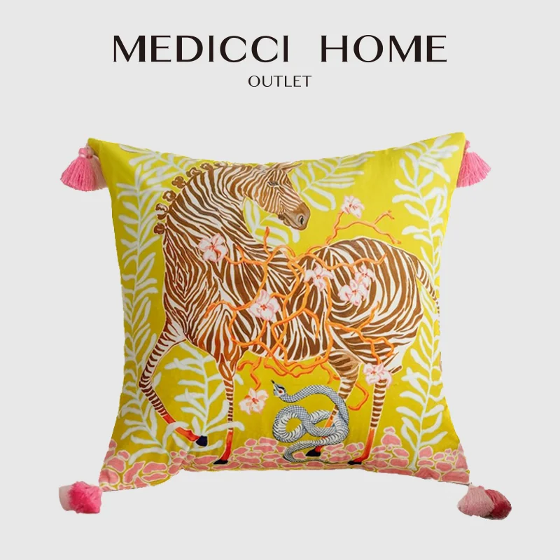 Medicci Home Lemon Yellow Zebra Decorative Pillowcase Mexican Snake Illustration Velvet Square Cushion Cover GG Style Home Decor