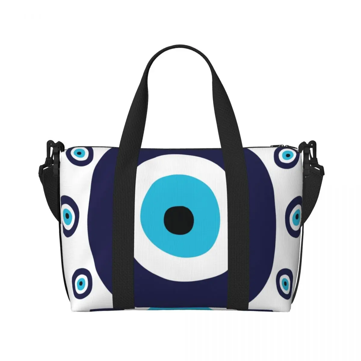 Custom Navy Blue And Aqua Nazar Evil Eye Lucky Charm Pattern Tote Bag Large Capacity Amulet Boho Beach Gym Shoulder Travel Bag