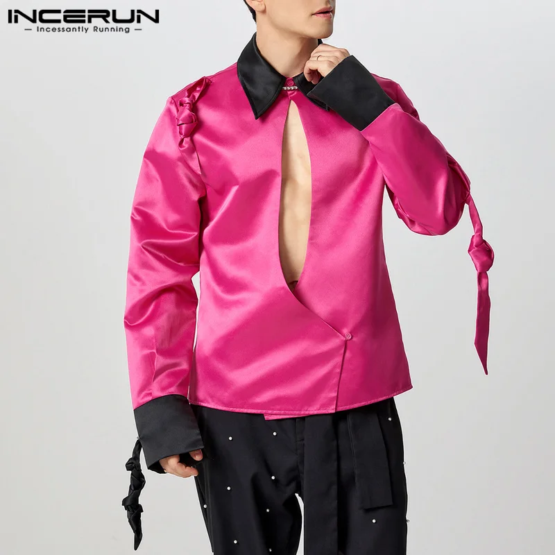 INCERUN Fashion Long Sleeved Shirts Men Casual Hollow Out Design Elegant Men Clothing Lapel Collar Handsome Simple Tops Men