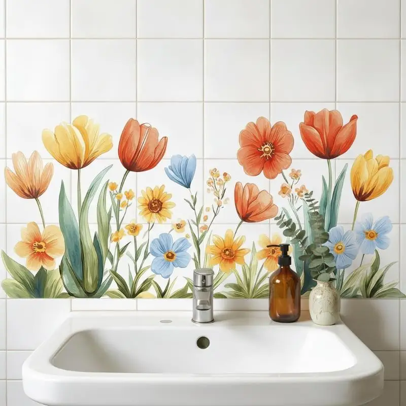 Fresh Floral Pattern Sink Area Background Wall Sticker Bathroom Wall Decoration Self-Adhesive Removable Waterproof Creative Stic