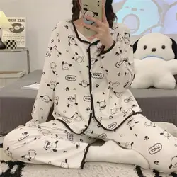 Kawaii Homewear Hello Kitty Pochacco Women Cotton Pajamas Set Sanrioed Anime Cute Thicken Girls Cartoon Nightgown Tops Pants