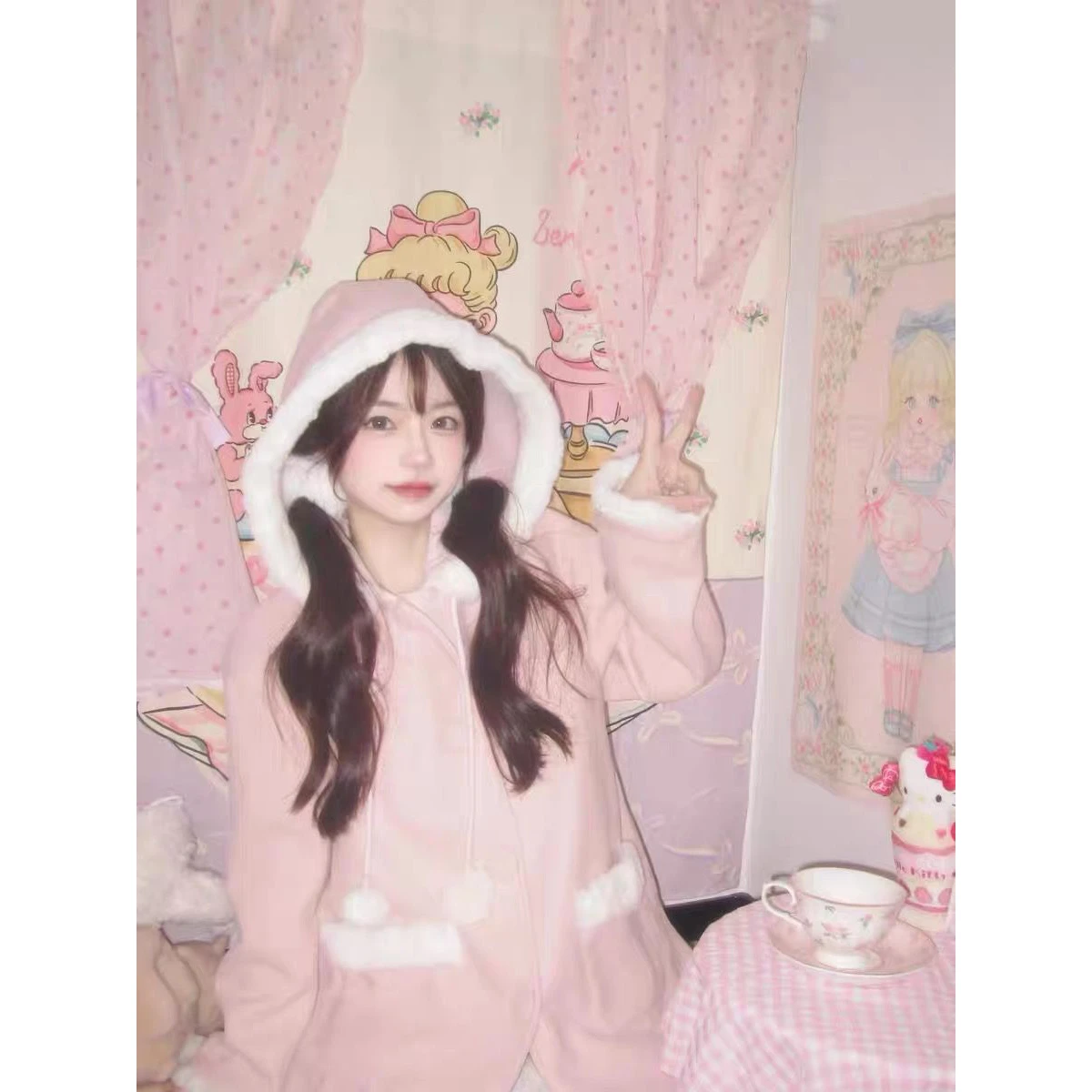 Pink Hooded Long Thickened Winter Warm Lamb Velvet Splicing round Button Woolen Coat for Short Women Cleanfit Style Other Mat...