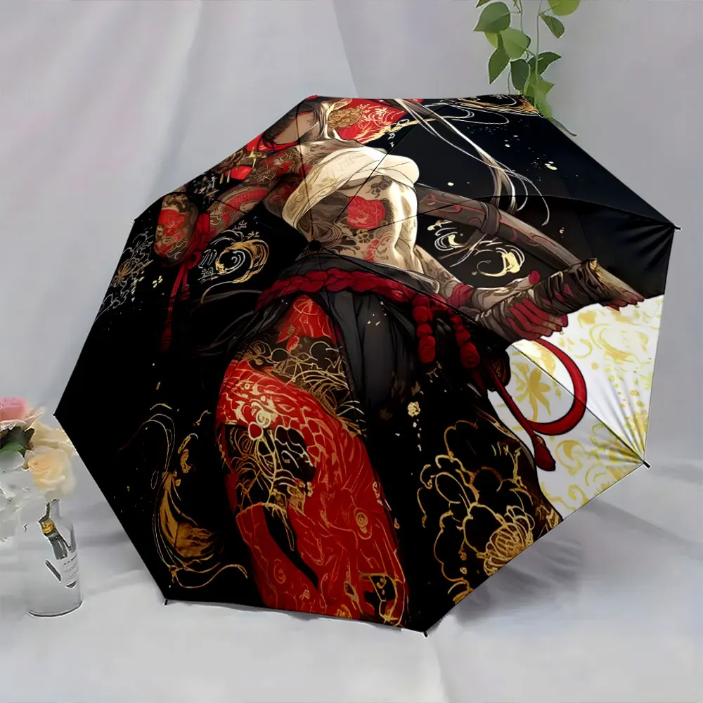 1PC Artistic Samurai Design Umbrella with Striking Details Print 8 Iron Ribs Folding Umbrella Auto-Open Fashion Sunshade