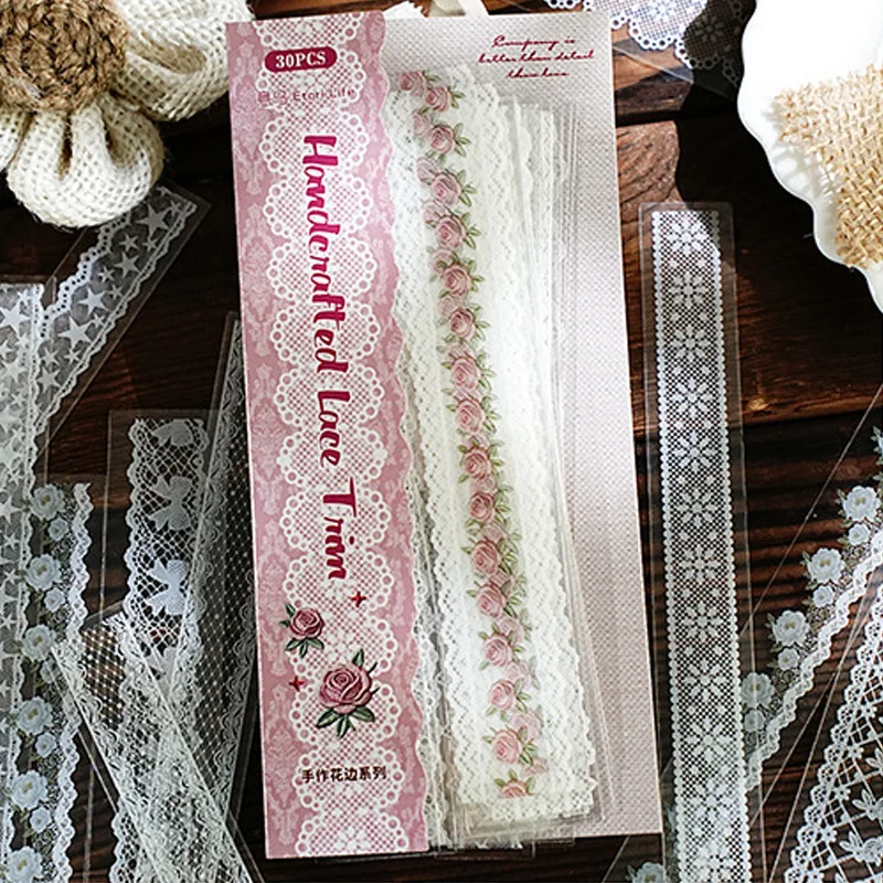 Mr.Paper 30Pcs/Pack Handcrafted Lace Trim Series Vintage Lace & Floral PET Sticker Pack for Journal Scrapbook DIY Decor view 2