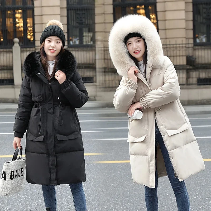 2023 New Women's Down Cotton Jacket Winter Parkas Coat Hooded Big Fur Collar Thick Long Outerwear Fashion Cotton Padded Coat