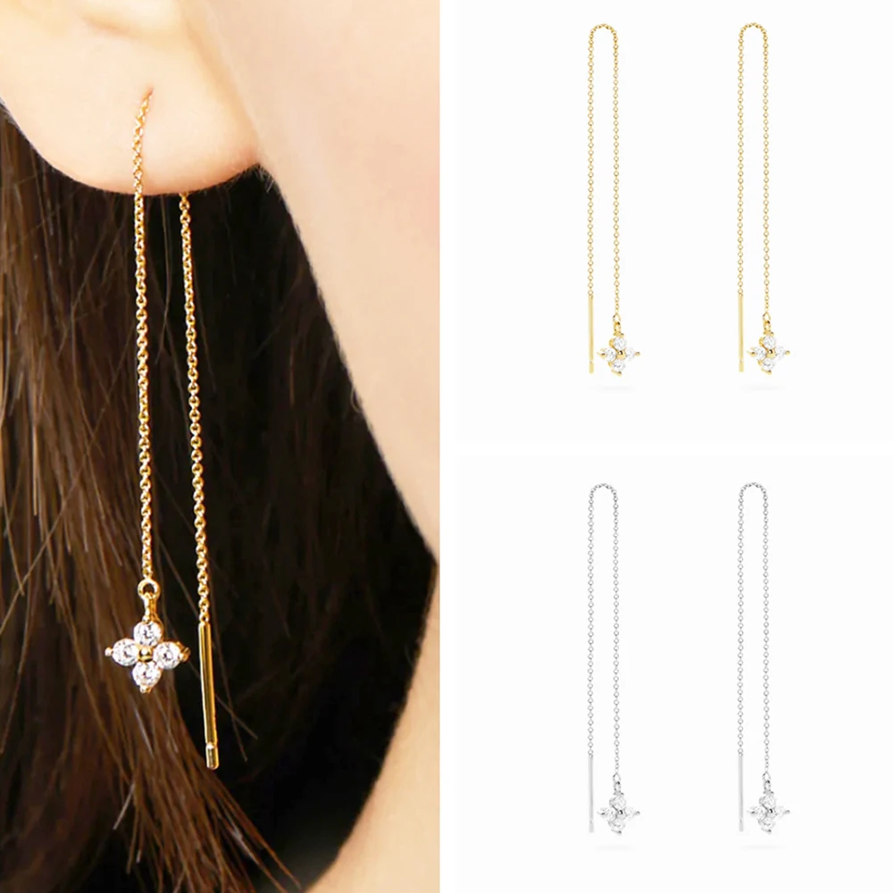 Aide Long Chain Tassel Four-leaf Zircon 925 Sterling Silver Drop Earrings For Women Minimalist 18K Gold Earrings Fine Jewelry