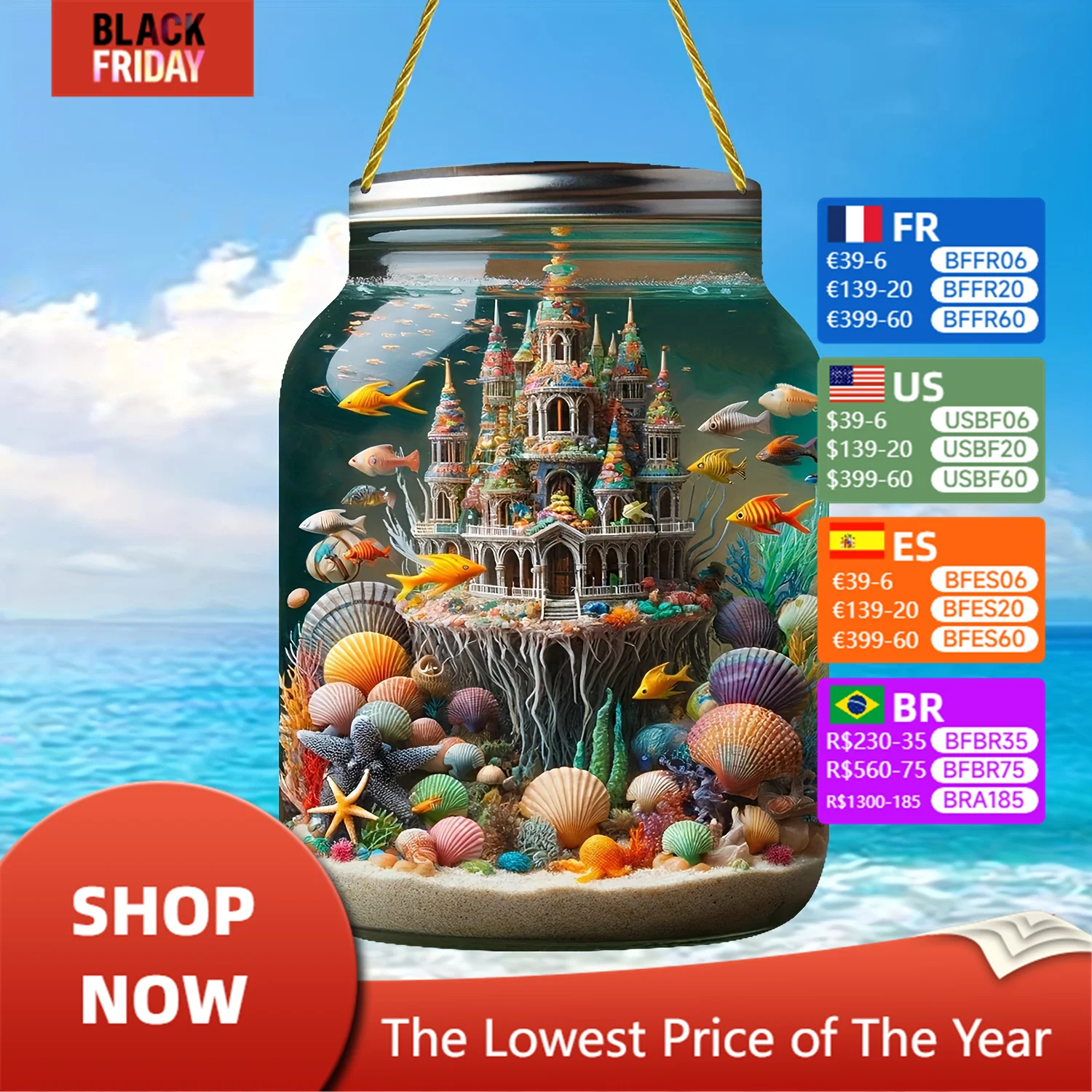 水中世界-シェル城をテーマにしたガラスの瓶、水中の世界、内部の外部ガラスのドアと窓、アクリルのリスト、家、キッチン、バスルーム、バー