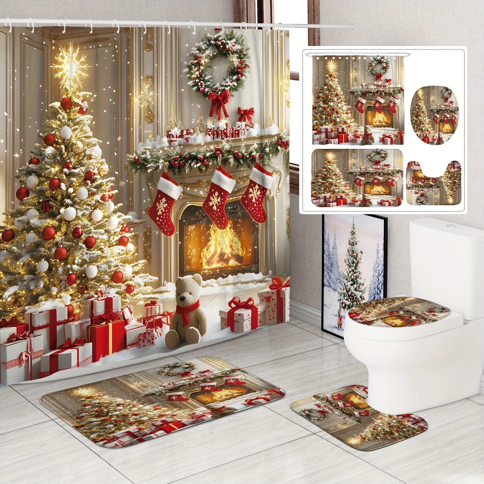 

4 шт., комплект зимних занавесок для душа с камином, с крючком и U-образным чехлом на сиденье унитаза, аксессуары для ванной комнаты, рождественские украшения