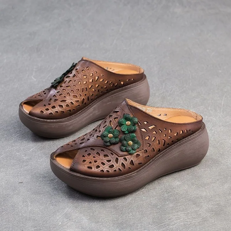 Women's summer sandal drag soft leather hollow retro middle-aged and elderly mom outside the fish mouth slippers