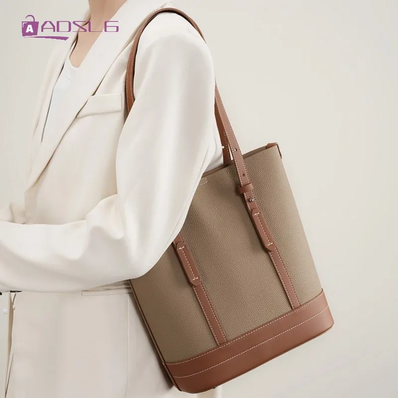 

Real Leather Bucket Bag Top Layer Cowhide Womens Commuters High Sense Hit Color Shoulder Bag Female Large Capacity Handbag